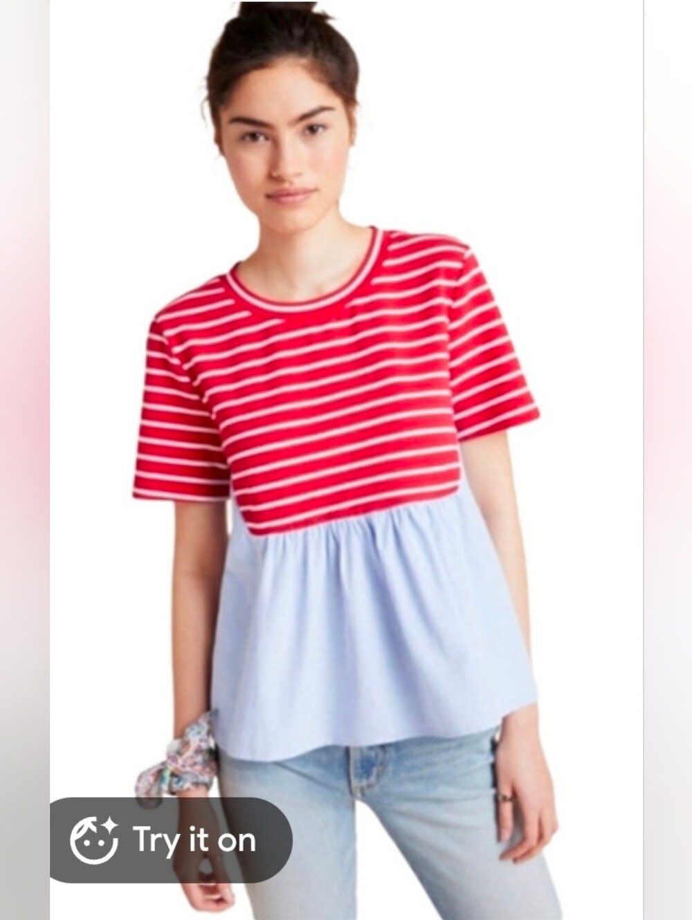 By Anthropologie Elias Red, White, and Blue Striped Peplum/Babydoll Top Size XS